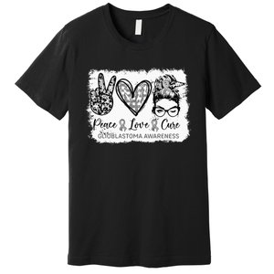 Messy Bun Peace Love Cure Gray Ribbon Glioblastoma Awareness Premium T-Shirt