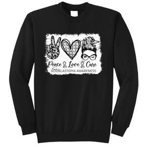 Messy Bun Peace Love Cure Gray Ribbon Glioblastoma Awareness Tall Sweatshirt