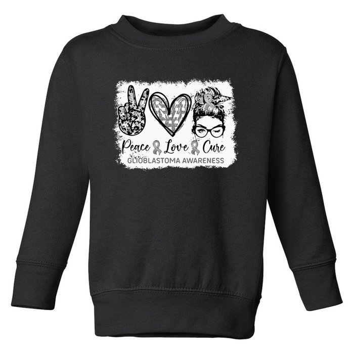 Messy Bun Peace Love Cure Gray Ribbon Glioblastoma Awareness Toddler Sweatshirt