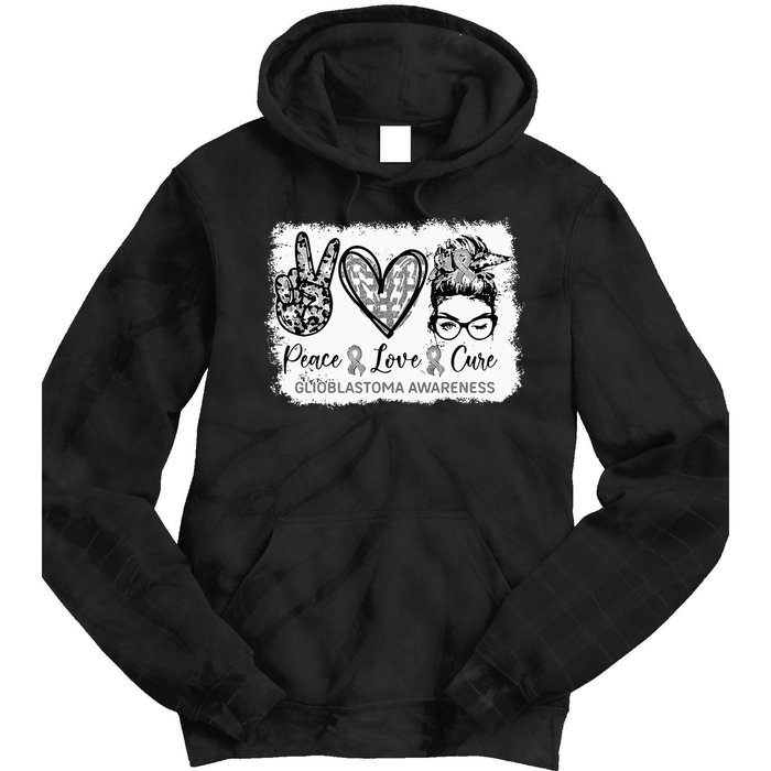 Messy Bun Peace Love Cure Gray Ribbon Glioblastoma Awareness Tie Dye Hoodie