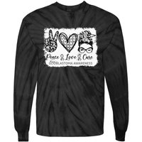 Messy Bun Peace Love Cure Gray Ribbon Glioblastoma Awareness Tie-Dye Long Sleeve Shirt