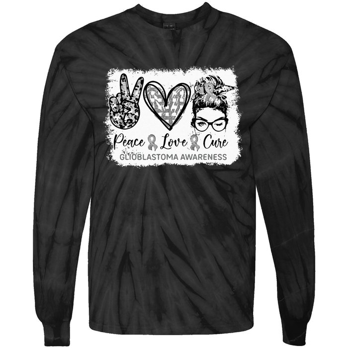 Messy Bun Peace Love Cure Gray Ribbon Glioblastoma Awareness Tie-Dye Long Sleeve Shirt