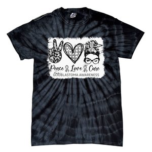 Messy Bun Peace Love Cure Gray Ribbon Glioblastoma Awareness Tie-Dye T-Shirt