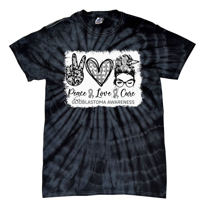 Messy Bun Peace Love Cure Gray Ribbon Glioblastoma Awareness Tie-Dye T-Shirt