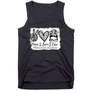 Messy Bun Peace Love Cure Gray Ribbon Glioblastoma Awareness Tank Top