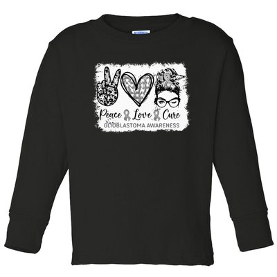 Messy Bun Peace Love Cure Gray Ribbon Glioblastoma Awareness Toddler Long Sleeve Shirt