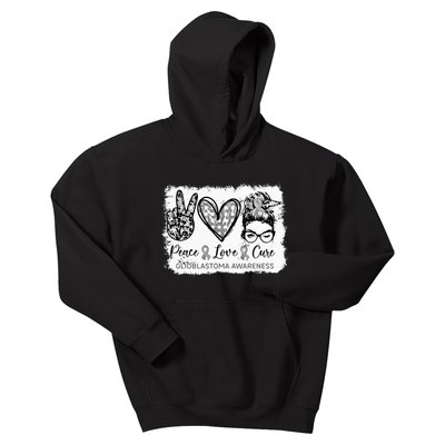 Messy Bun Peace Love Cure Gray Ribbon Glioblastoma Awareness Kids Hoodie