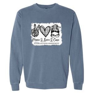 Messy Bun Peace Love Cure Gray Ribbon Glioblastoma Awareness Garment-Dyed Sweatshirt