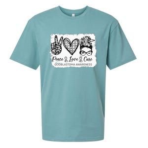 Messy Bun Peace Love Cure Gray Ribbon Glioblastoma Awareness Sueded Cloud Jersey T-Shirt