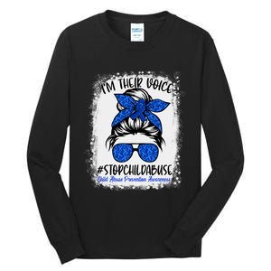 Messy Bun Ribbon Stop Child Abuse Prevention Awareness Month Tall Long Sleeve T-Shirt