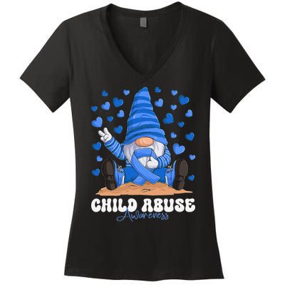 Messy Bun Ribbon Stop Child Abuse Prevention Awareness Month Women's V-Neck T-Shirt