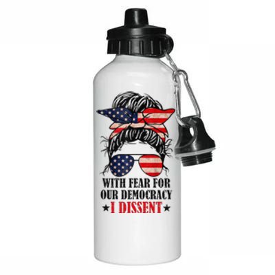 Messy Bun Retro With Fear For Our Democracy I Dissent Aluminum Water Bottle