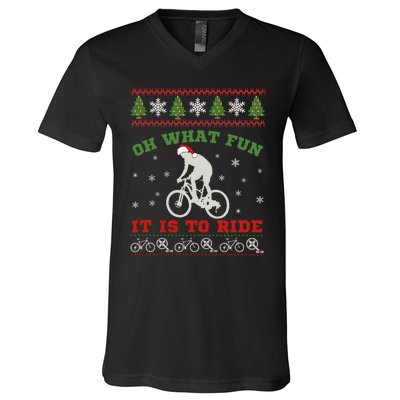 Mountain Bike Rider Oh What Fun Christmas Ugly Sweater V-Neck T-Shirt