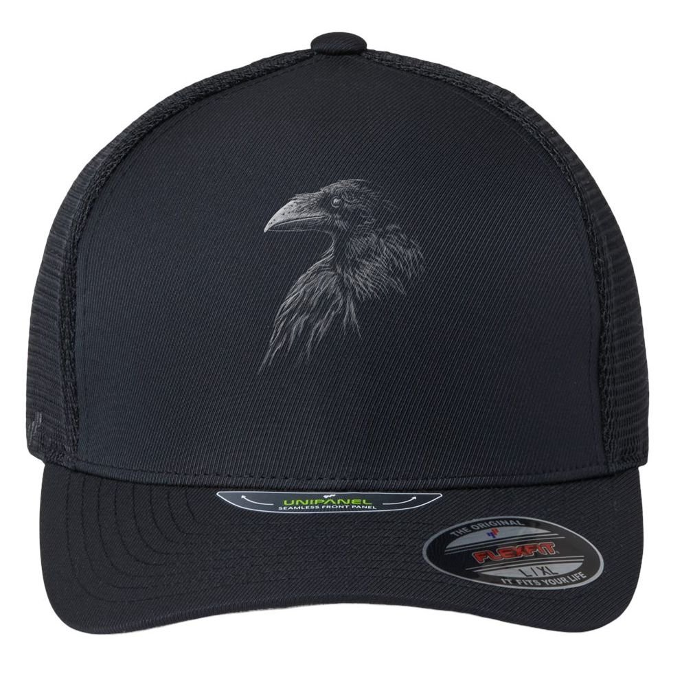 Mystical Black Raven Illustration Crow Artwork Flexfit Unipanel Trucker Cap