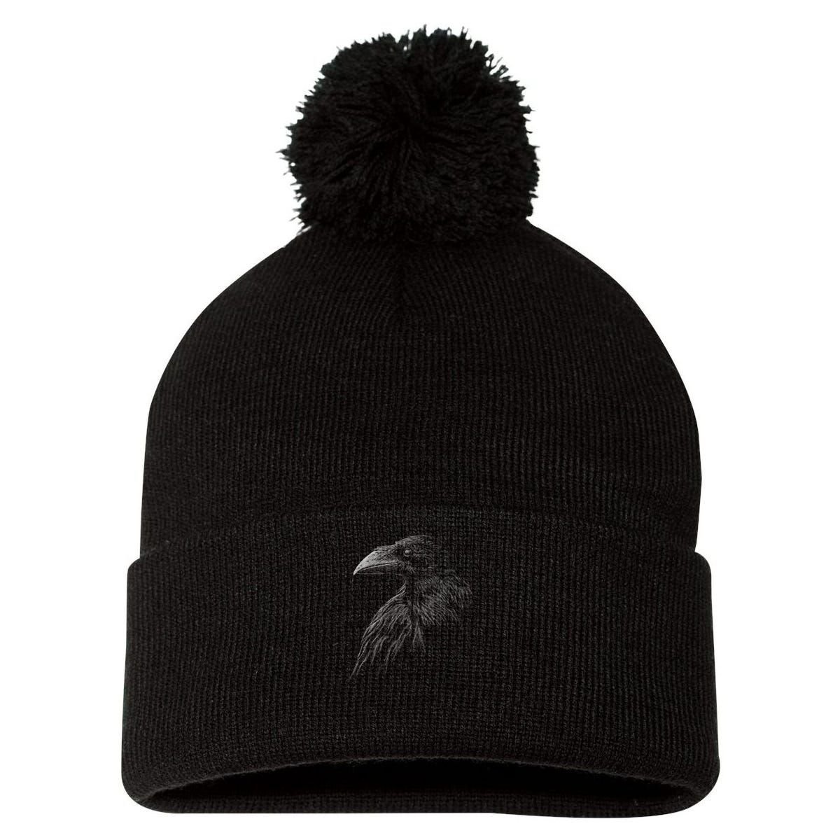 Mystical Black Raven Illustration Crow Artwork Pom Pom 12in Knit Beanie