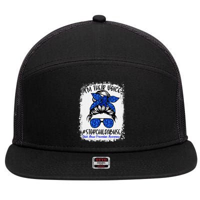 Messy Bun Ribbon Stop Child Abuse Prevention Awareness Month 7 Panel Mesh Trucker Snapback Hat