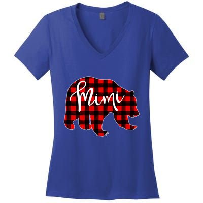 Mimi Bear Red Plaid Matching Family Christmas Eve Buffalo Cool Gift Women's V-Neck T-Shirt