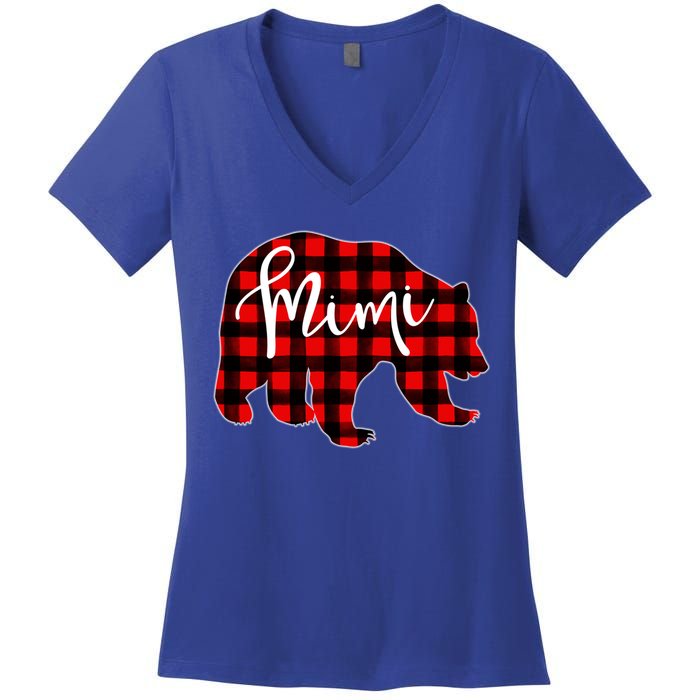 Mimi Bear Red Plaid Matching Family Christmas Eve Buffalo Cool Gift Women's V-Neck T-Shirt