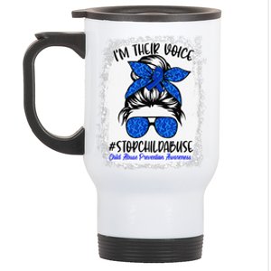 Messy Bun Ribbon Stop Child Abuse Prevention Awareness Month Stainless Steel Travel Mug