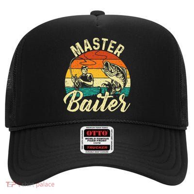 Master Baiter Retro Sunset Fishing Fish Lover Fisherman High Crown Mesh Back Trucker Hat
