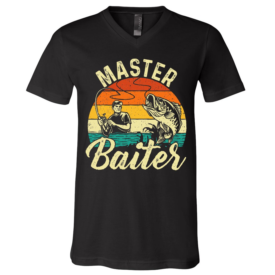 Master Baiter Retro Sunset Fishing Fish Lover Fisherman V-Neck T-Shirt