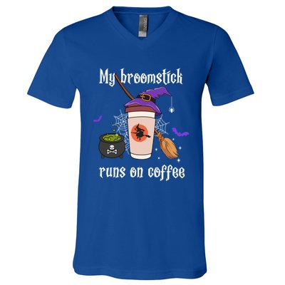 My Broomstick Runs On Coffee Gift Coffee Lover Halloween Gift V-Neck T-Shirt