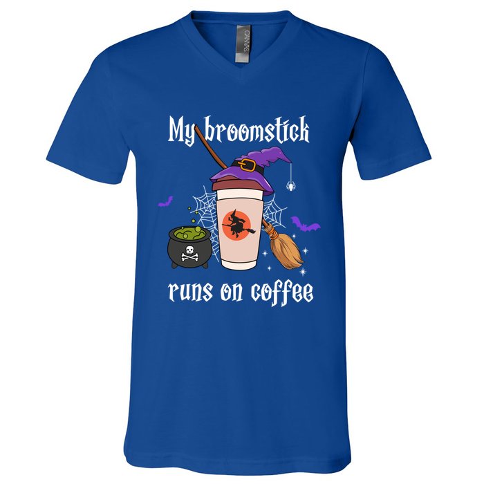 My Broomstick Runs On Coffee Gift Coffee Lover Halloween Gift V-Neck T-Shirt