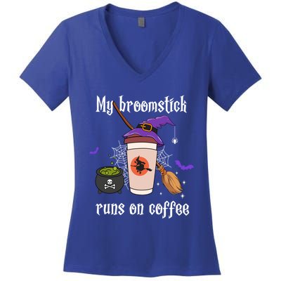 My Broomstick Runs On Coffee Gift Coffee Lover Halloween Gift Women's V-Neck T-Shirt