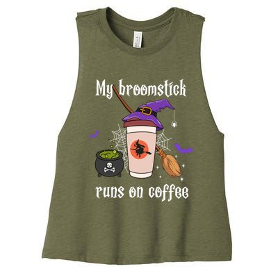 My Broomstick Runs On Coffee Gift Coffee Lover Halloween Gift Women's Racerback Cropped Tank