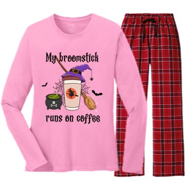 My Broomstick Runs On Coffee Gift Coffee Lover Halloween Meaningful Gift Women's Long Sleeve Flannel Pajama Set 