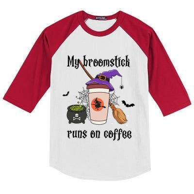 My Broomstick Runs On Coffee Gift Coffee Lover Halloween Meaningful Gift Kids Colorblock Raglan Jersey