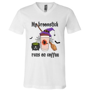 My Broomstick Runs On Coffee Gift Coffee Lover Halloween Meaningful Gift V-Neck T-Shirt