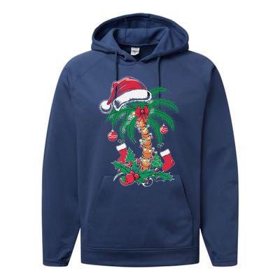 Merry Beachmas Santa Christmas Palm Tree Funny Xmas Performance Fleece Hoodie