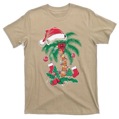 Merry Beachmas Santa Christmas Palm Tree Funny Xmas T-Shirt