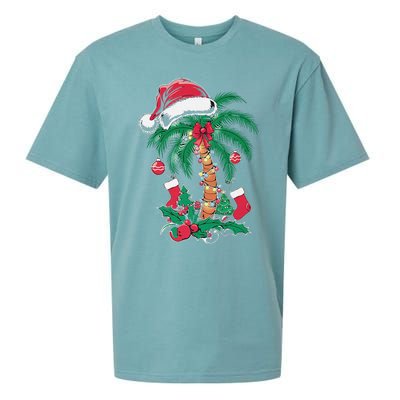 Merry Beachmas Santa Christmas Palm Tree Funny Xmas Sueded Cloud Jersey T-Shirt