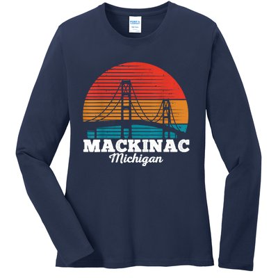 Mackinac Bridge Souvenir Mackinaw Island Retro Michigan Ladies Long Sleeve Shirt