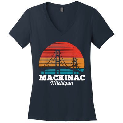 Mackinac Bridge Souvenir Mackinaw Island Retro Michigan Women's V-Neck T-Shirt