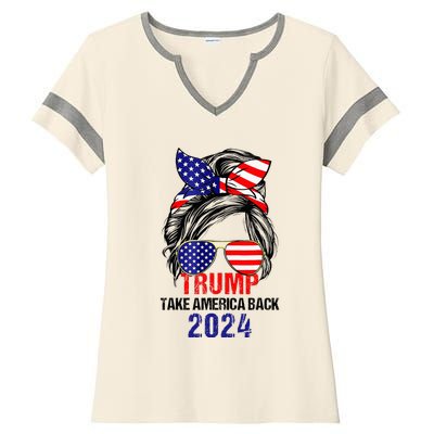 Messy Bun Support Trump 2024 Flag Take America Ladies Halftime Notch Neck Tee