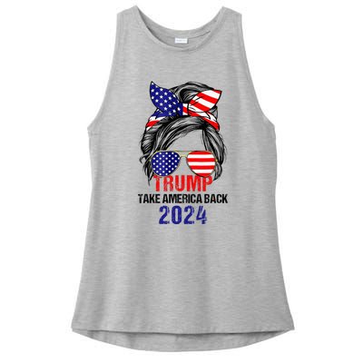 Messy Bun Support Trump 2024 Flag Take America Ladies PosiCharge Tri-Blend Wicking Tank