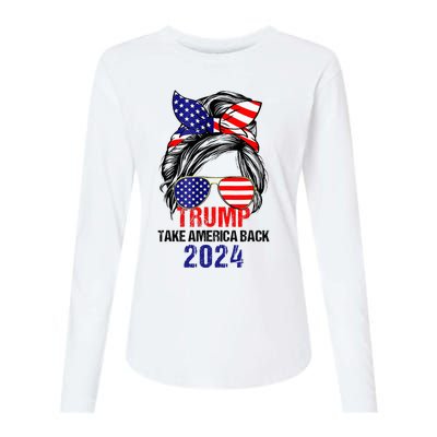 Messy Bun Support Trump 2024 Flag Take America Womens Cotton Relaxed Long Sleeve T-Shirt