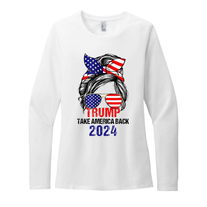 Messy Bun Support Trump 2024 Flag Take America Womens CVC Long Sleeve Shirt