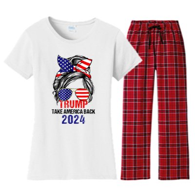 Messy Bun Support Trump 2024 Flag Take America Women's Flannel Pajama Set