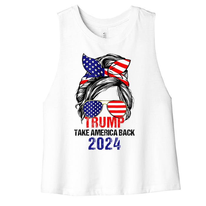 Messy Bun Support Trump 2024 Flag Take America Women's Racerback Cropped Tank