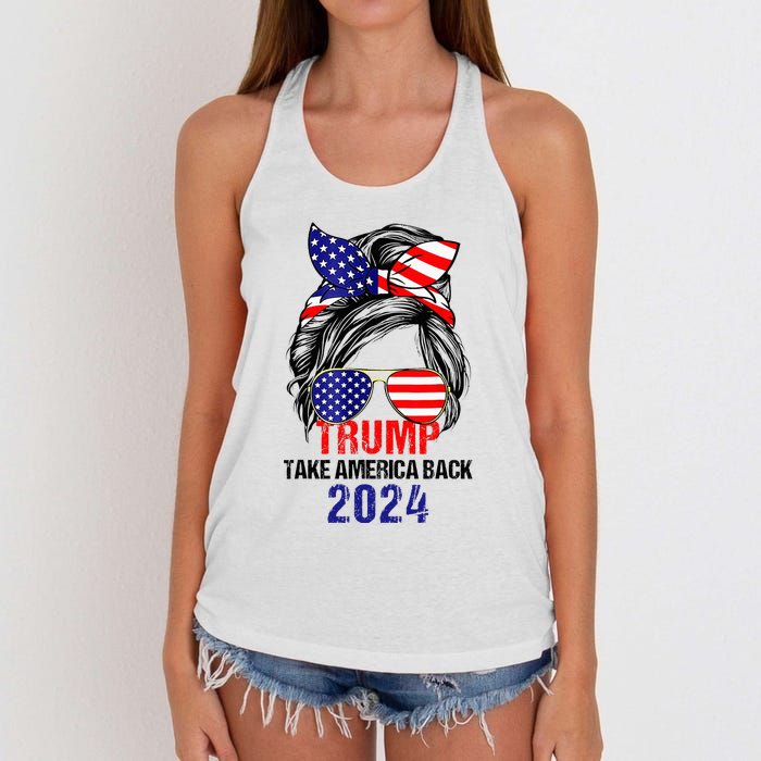 Messy Bun Support Trump 2024 Flag Take America Women's Knotted Racerback Tank