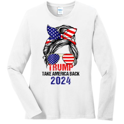 Messy Bun Support Trump 2024 Flag Take America Ladies Long Sleeve Shirt