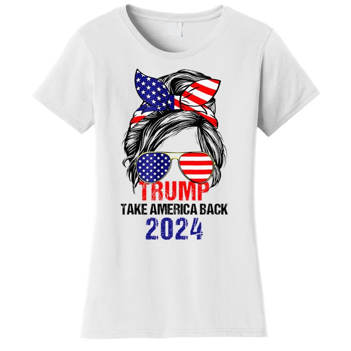 Messy Bun Support Trump 2024 Flag Take America Women's T-Shirt