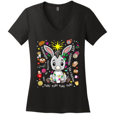 Mi Burrito Sabanero Mexican Christmas Donkey Spanish Xmas Women's V-Neck T-Shirt