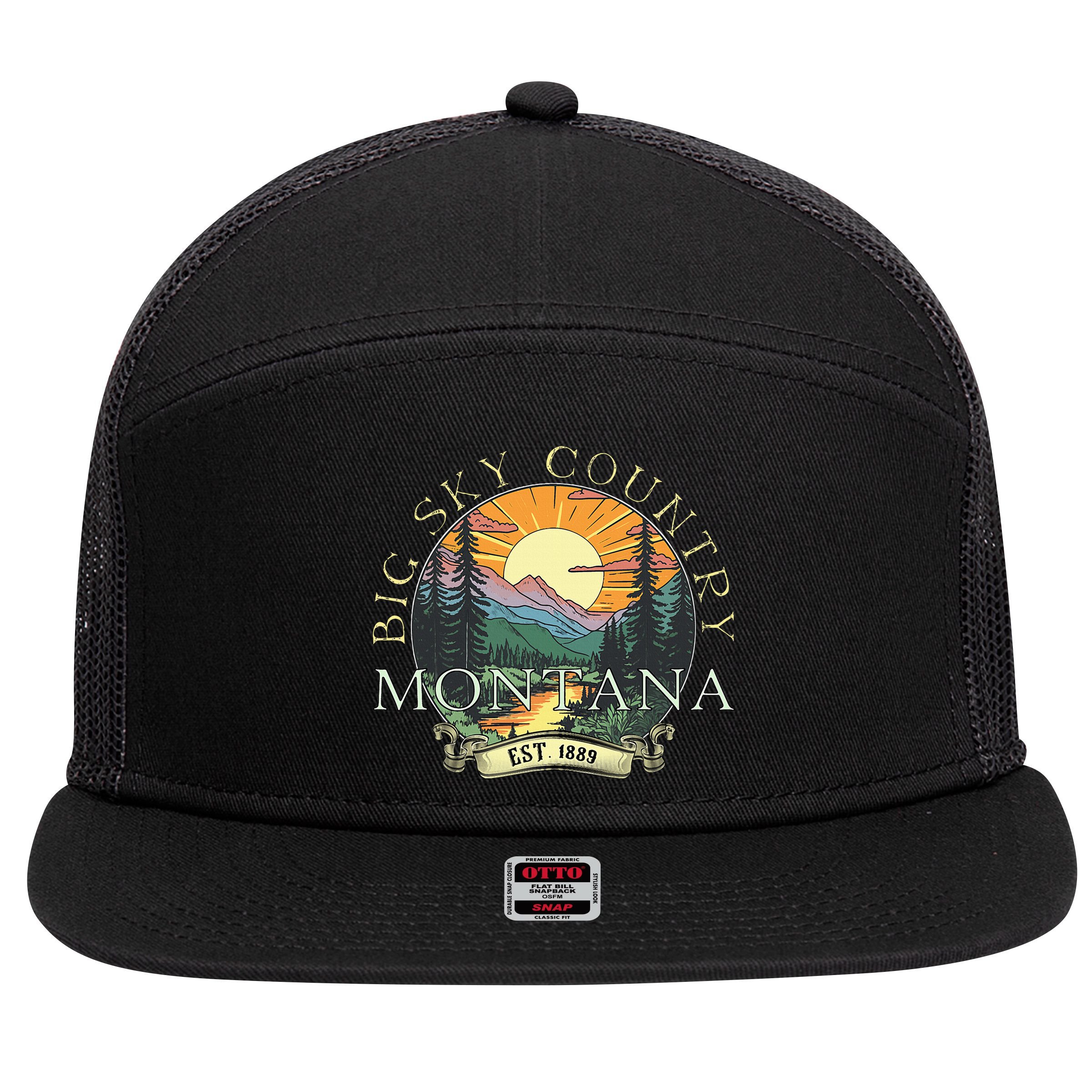 Montana Big Sky Country Mountains Vintage 7 Panel Mesh Trucker Snapback Hat