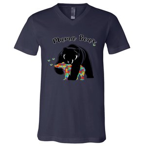 Mama Bear Support Love Autism Awareness Gift V-Neck T-Shirt