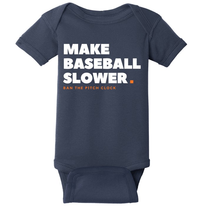 MAKE BASEBALL SLOWER Ban The Pitch Clock Humor Funny Baby Bodysuit